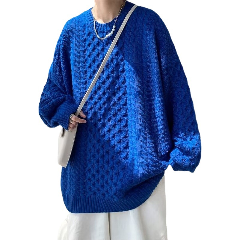 Twist suéter hombres otoño cuello redondo marca de moda Klein suéter azul ins moda estilo coreano suéter suelto abrigo