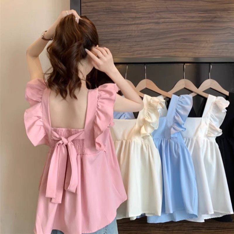 Sweet Backless Sleeveless Bowknot Doll-Style French Top with Square Collar, New Summer Design with Small Flutter Sleeves, Shirt Shipped