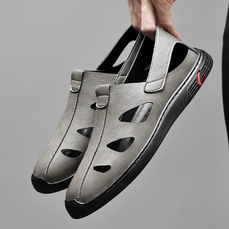 6060 мужские сандалии, Полые Дышащие туфли с отверстиями, летняя кожаная Уличная Повседневная пляжная обувь без шнуровки с закрытым носком, легкая