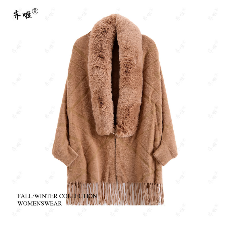 Korean Style Autumn and Winter Chanel Style Fringed Wool Collar Poncho Outer-Woven Sweater Mink Velvet Dual-Use Scarf with Sleeves Women's Shawl
