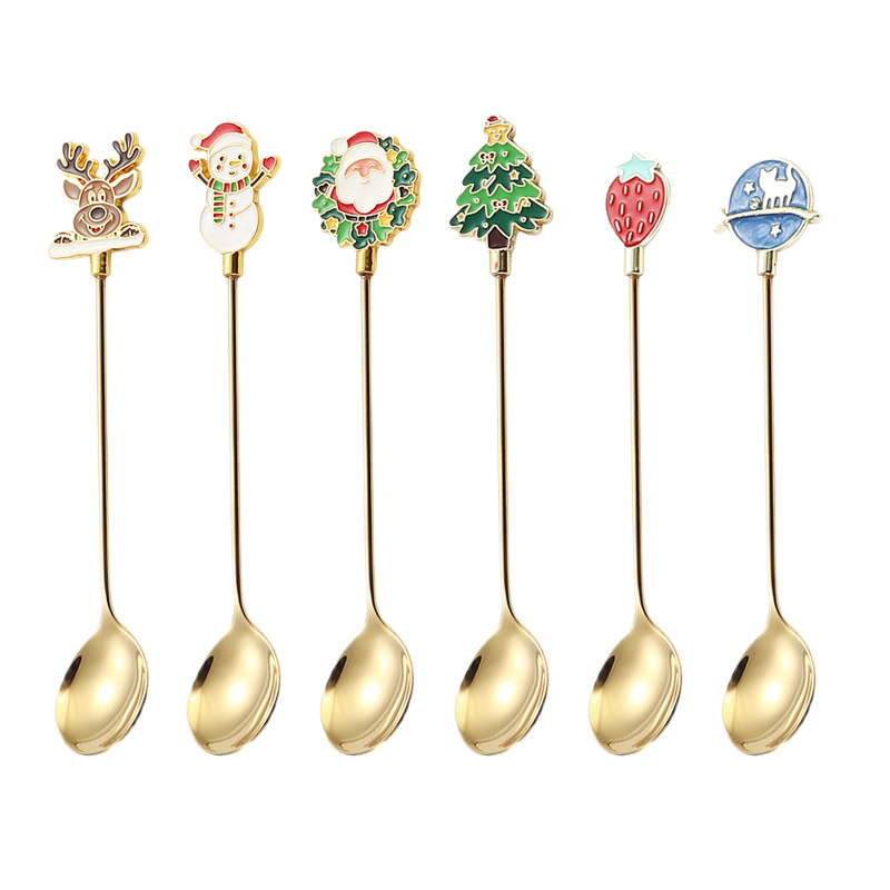 Cuchara de Navidad de acero inoxidable 304, mango de hilo, helado creativo, postre, vajilla de regalo dorado, juego de cuchara y tenedor