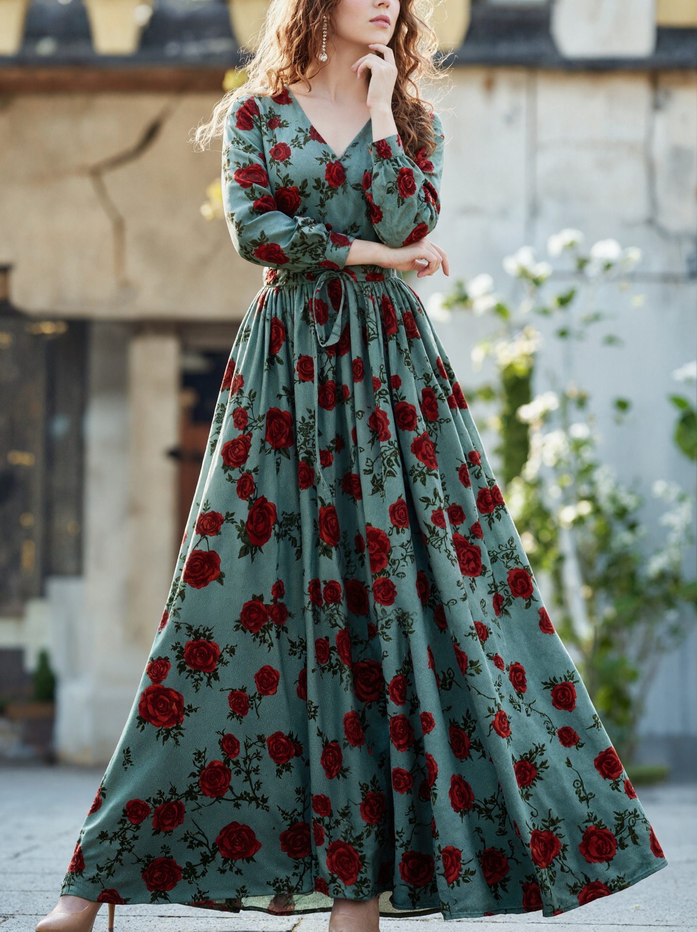 Women's Retro Elegant Slimming Printed Dress V Neck Long Sleeve Charming Fashionable_ecoleips.com