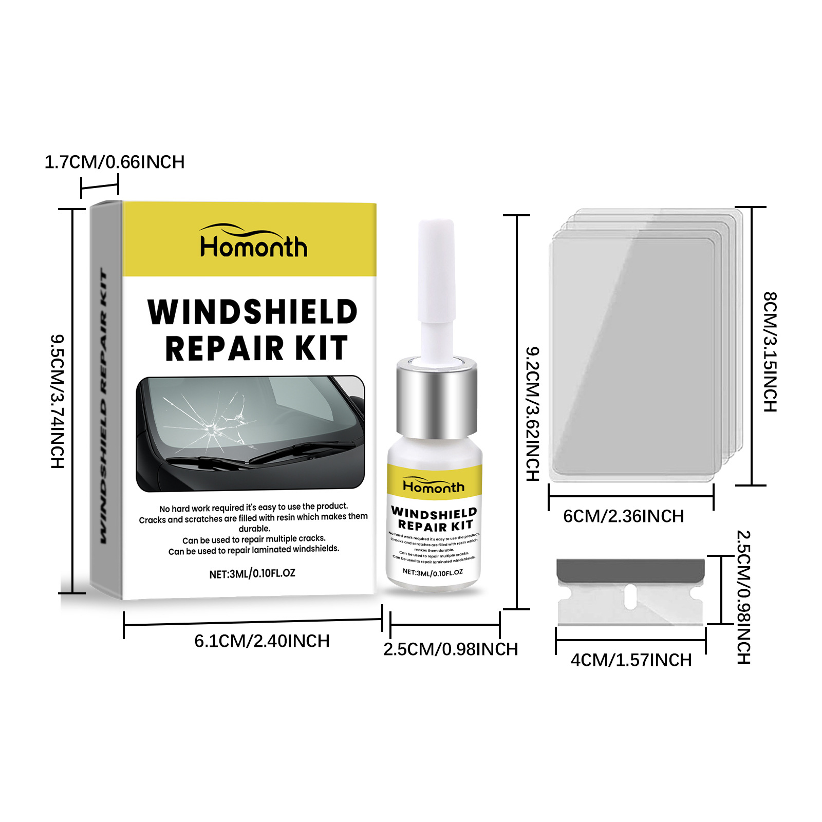 Homonth Car Windshield Care Three-Piece Set Crack Repair Cleaning Renovation Maintenance Protection Kit