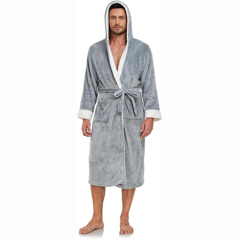 Rongtai Men's Hooded Thick Fleece Bathrobe Soft Long Full-Length Home Sleep Robe S-Xxl Sizes Factory Wholesale