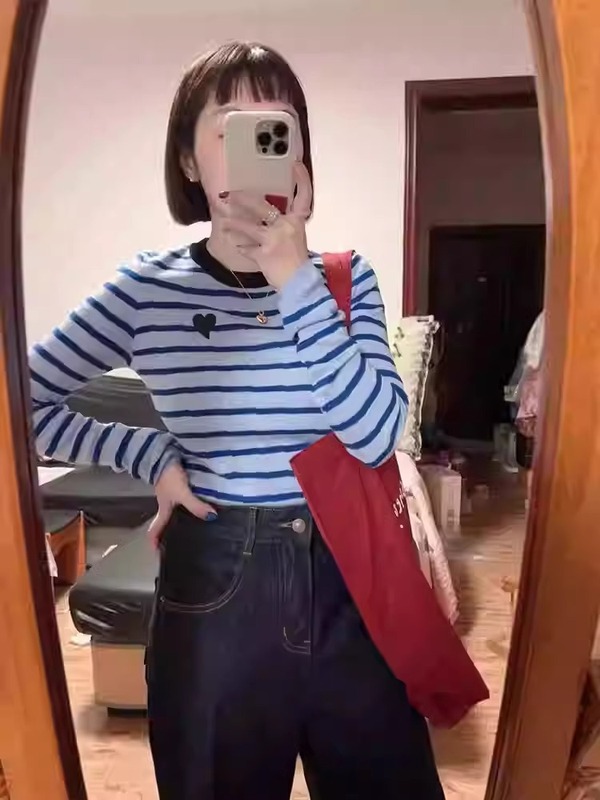 黄色条纹正肩内搭打底衫上衣女春秋季短款修身小个子针织长袖t恤|undefined