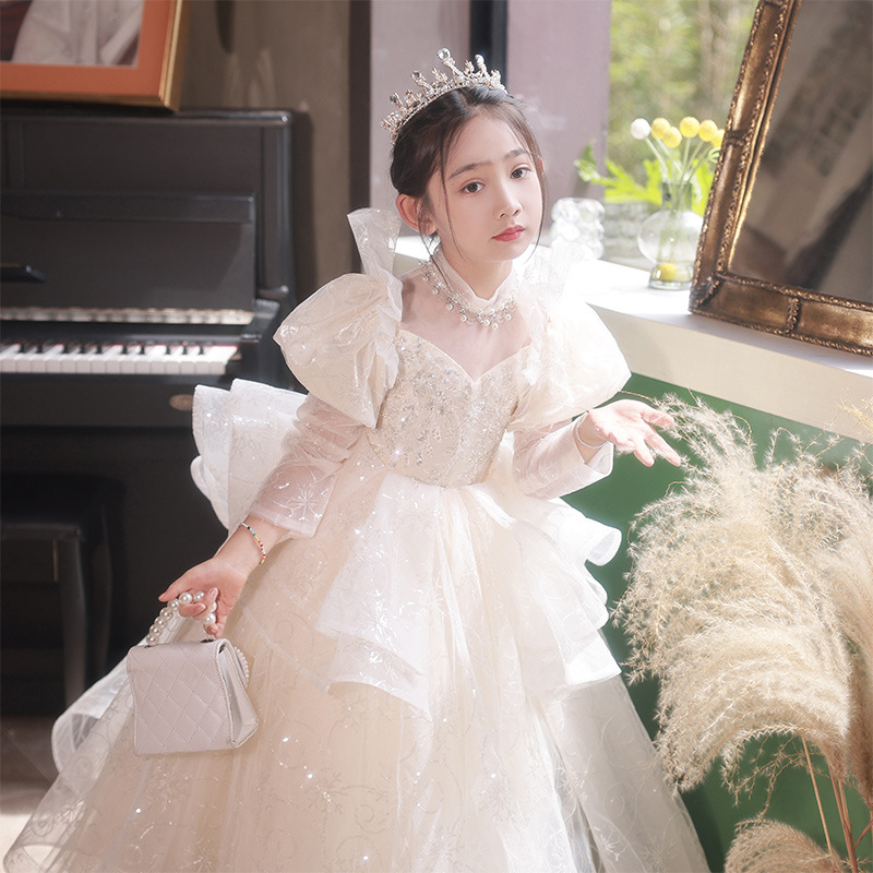 Prinzessinnenkleid für Mädchen, langärmelig, aus Baumwolle und Polyester, ideal für Blumenmädchen, Hochzeiten, Modenschauen, Klavierauftritte, geeignet für Kinder von 0-24 Monaten_voghion.com