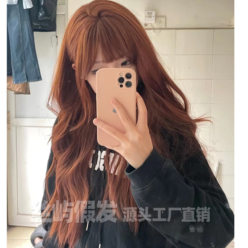 Cross-Border Wig for Women with Long Hair, Orange Long Curly Hair, Simulated Human Hair, Full Headgear, Big Wave, Medium-Long Curly Hair Wig Set