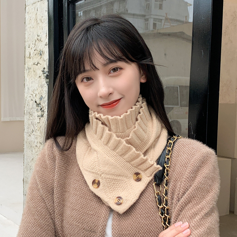 Bufanda de punto de lana para mujer Otoño e Invierno Nuevo estilo coreano versátil de tres botones cálido estudiante pareja protección del cuello bufanda de color sólido