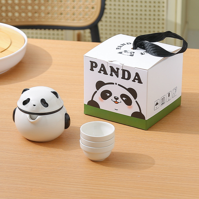 Juego de Té de Viaje Portátil de Panda de 1 Tetera y 3 Tazas de Porcelana para Viajes