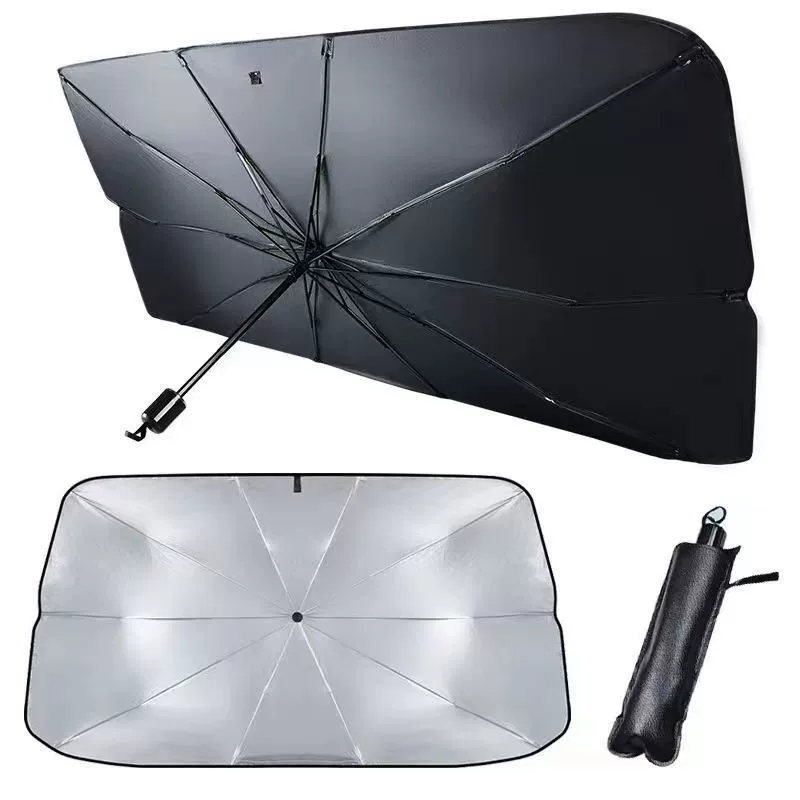 Folding Solar-Powered Windproof Car Umbrella, Titanium-Silver Reflective Sunshade, Portable