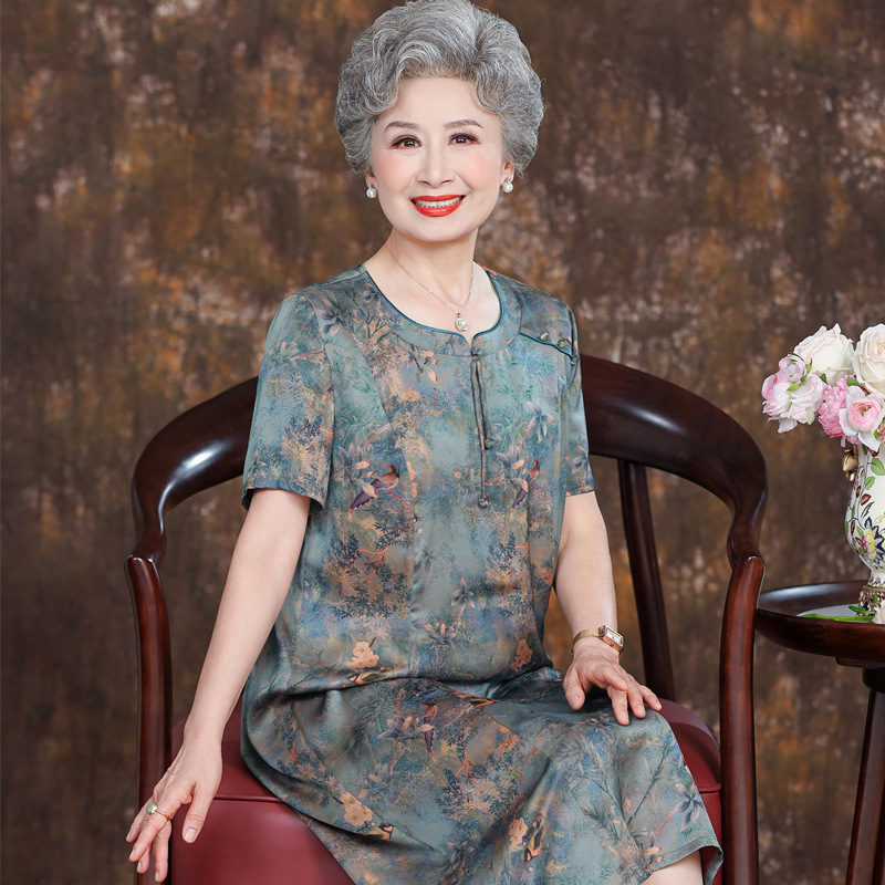 妈妈夏装高贵旗袍连衣裙女老年人夏季奶奶短袖60岁70老太太长裙子