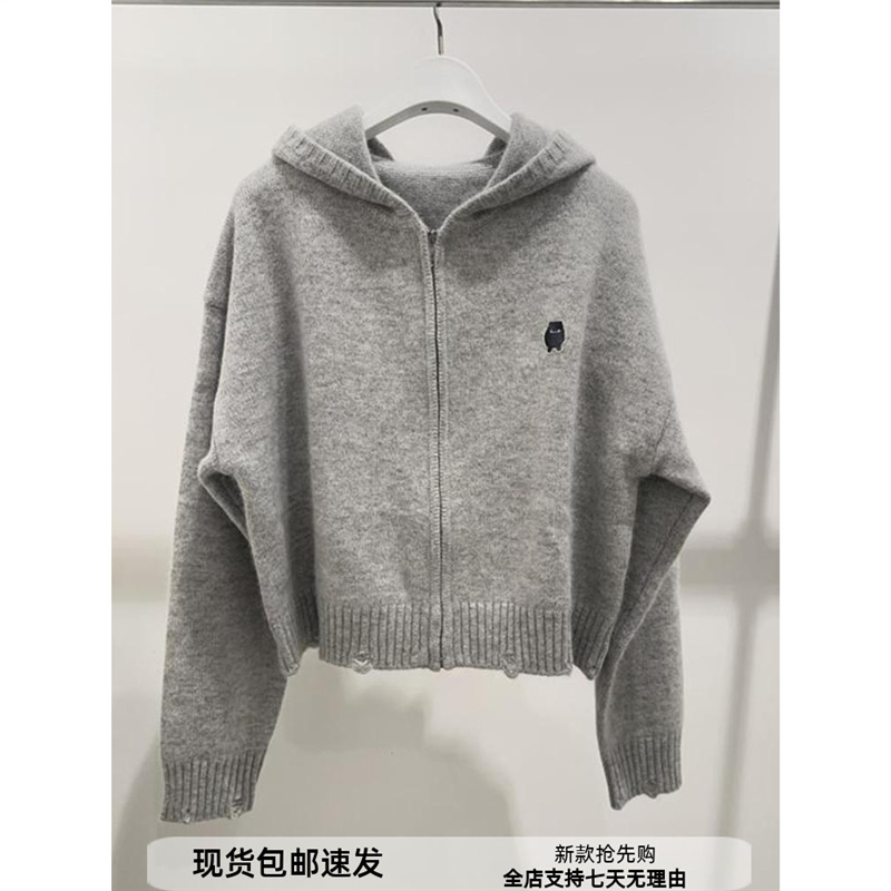 Mm2025 Autumn New Gray Wool Hooded Zipper Knitted Cardigan Women's Sweater Tops Top 4Fc236081Q