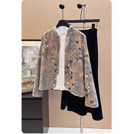 现货复古中国风！雅奢重工立体亮片绣花新中式上衣女丝绒一件代发