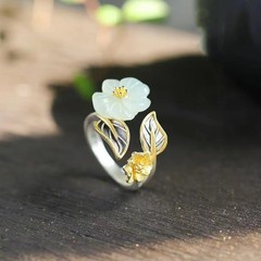 Classical Hetian Jade Plum Blossom Finger Ring Plated with S925 Silver and Ultra-Fairy Golden Court Retro Style Quality Personality Open Ring