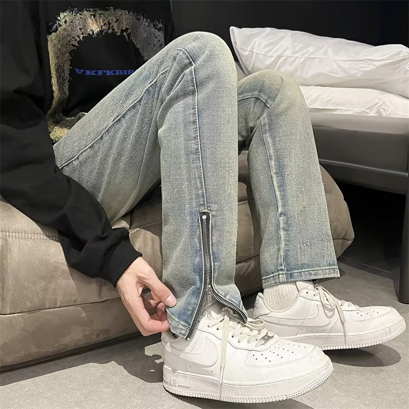 American Vibe Pants Pure Black Zipper Split Jeans Men's Summer European and American High Street Slim-fit Skinny Pants