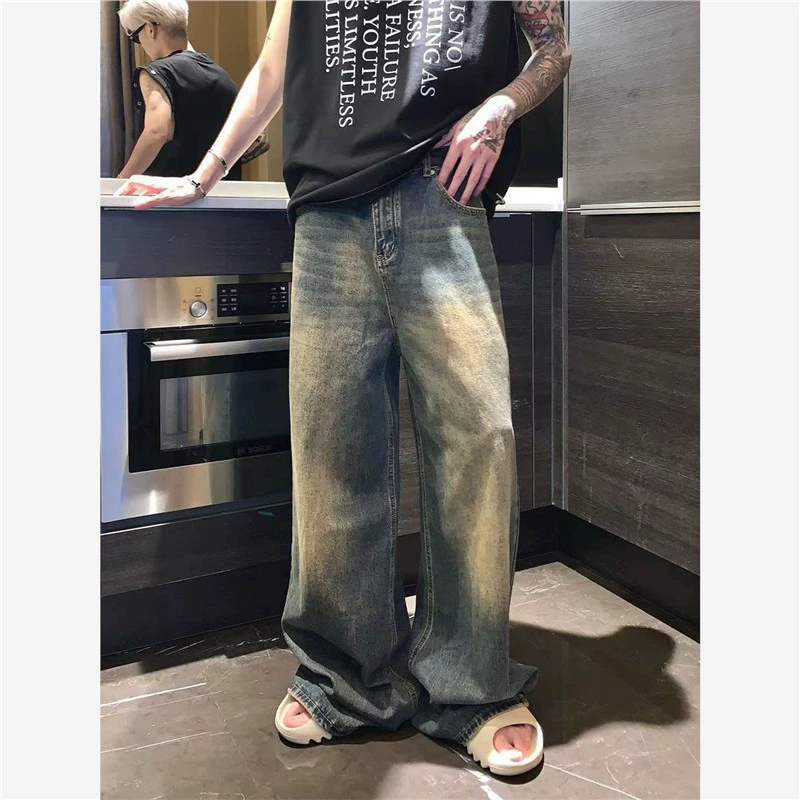 Большие размеры дикие корейские высокие уличные тренды грязи окрашены в старые прямые джинсы