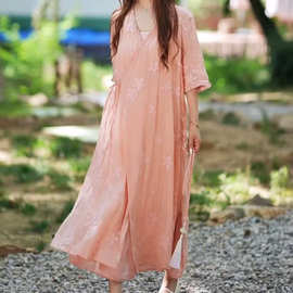 苎麻连衣裙女2025夏款新中式斜襟茶服刺绣木耳领开衫上衣女25607