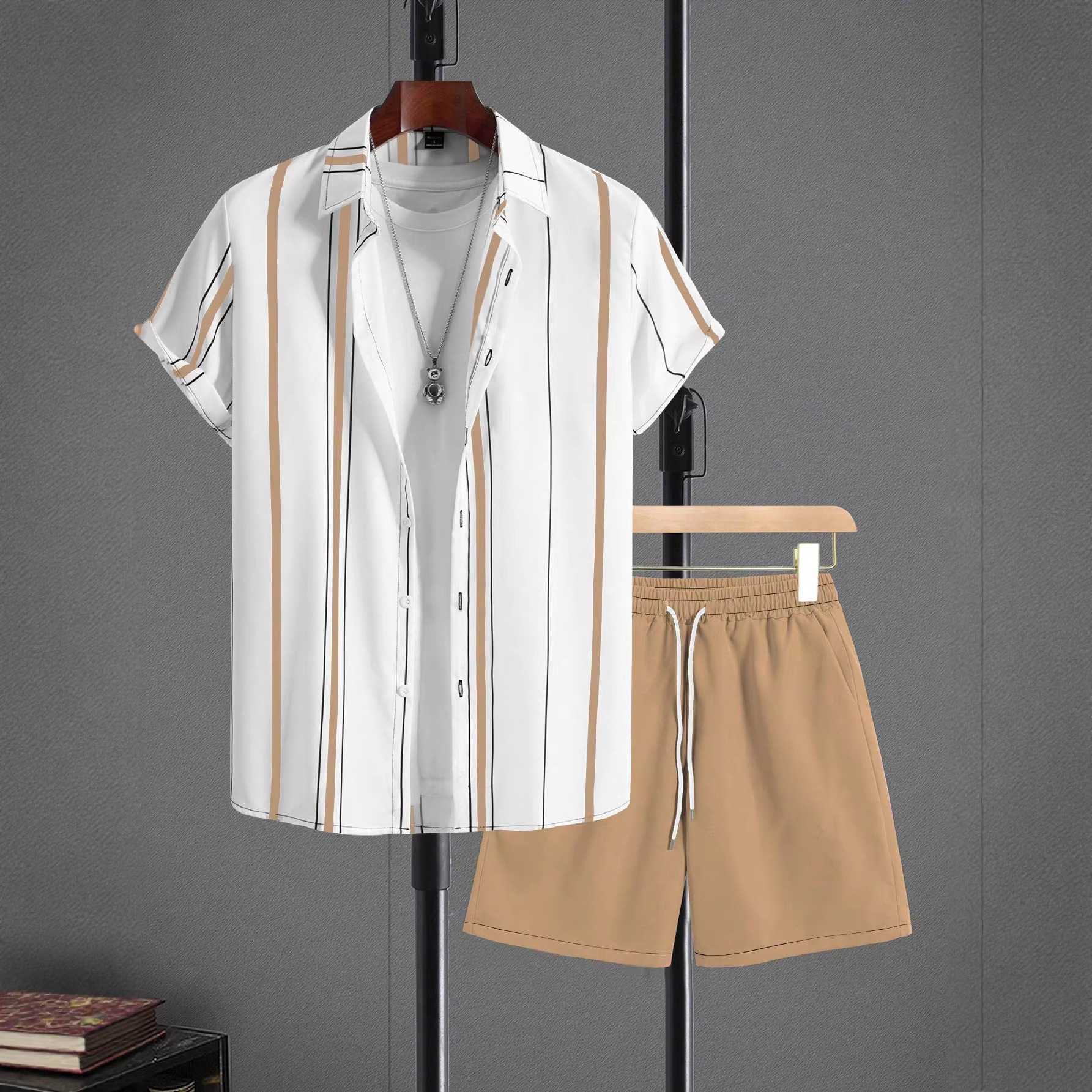 Lässiges Herren-Hawaiihemd-Set, Sommermode, Kurzarm, 3D-Streifenmuster, zweiteilig_voghion.com