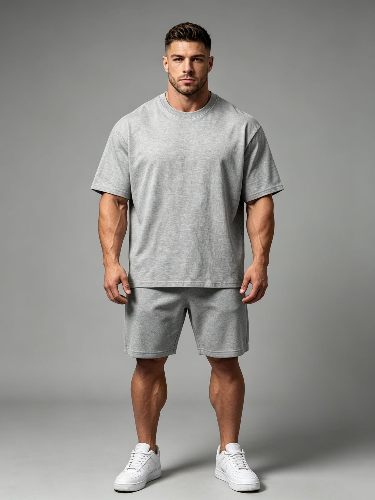 Cross-Border European and American Loose-Fitting Sports Fitness Short-Sleeved Shorts Two-Piece Set for Men, Quick-Drying Cotton Solid Color Casual Workout Set