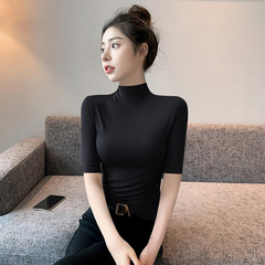 半高领打底衫女中袖上衣七分袖2025新款夏季修身黑色内搭t恤