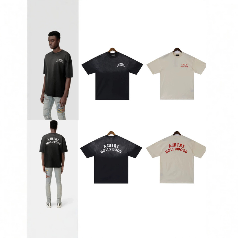 26 High-Quality Cross-Border Fashion Brand Short-Sleeve Amiri T-Shirt with Printed Wash Effect, American-Style Heavyweight Pure Cotton for Men and Women