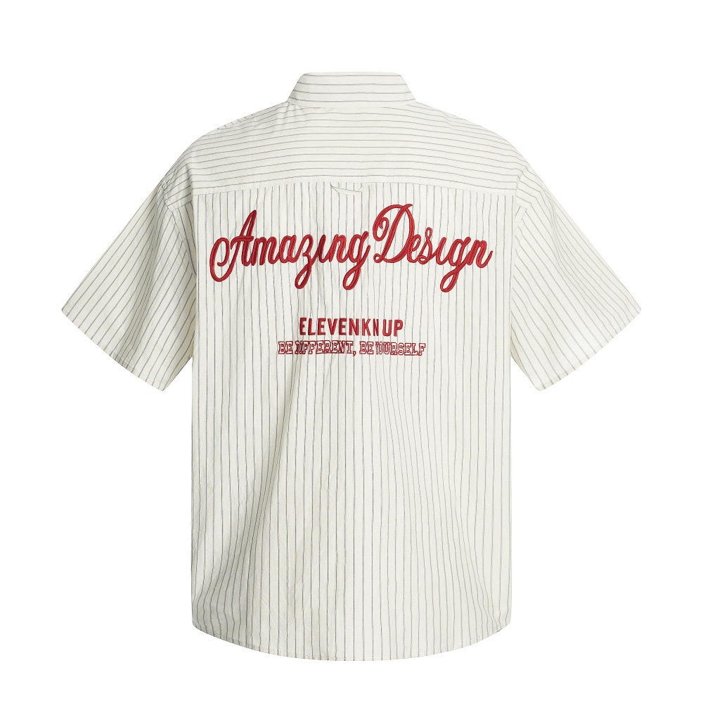 American Trendy Vertical Striped Embroidered Letter Short-Sleeve Shirt for Men, Loose Design with Patch Pocket and Turn-Down Collar for Summer