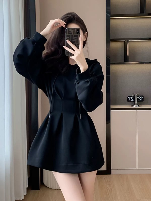 黑色辣妹显瘦高级感小个子连衣裙收腰卫衣裙秋冬季新款裙子短裙女|undefined