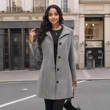 欧美亚马逊跨境外贸新款女装通勤风中长款毛呢立领大衣外套风衣女