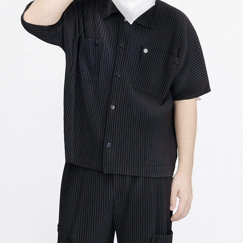 2024 Pleated Summer Men's Shirt Short-Sleeved Pleated T-Shirt Jacket Casual Coat Men's Clothing Retro Japanese Style Trendy