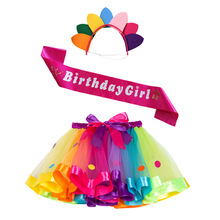 欧美女童生日套装圆片tutu裙生日肩带birthday girl送七彩头饰