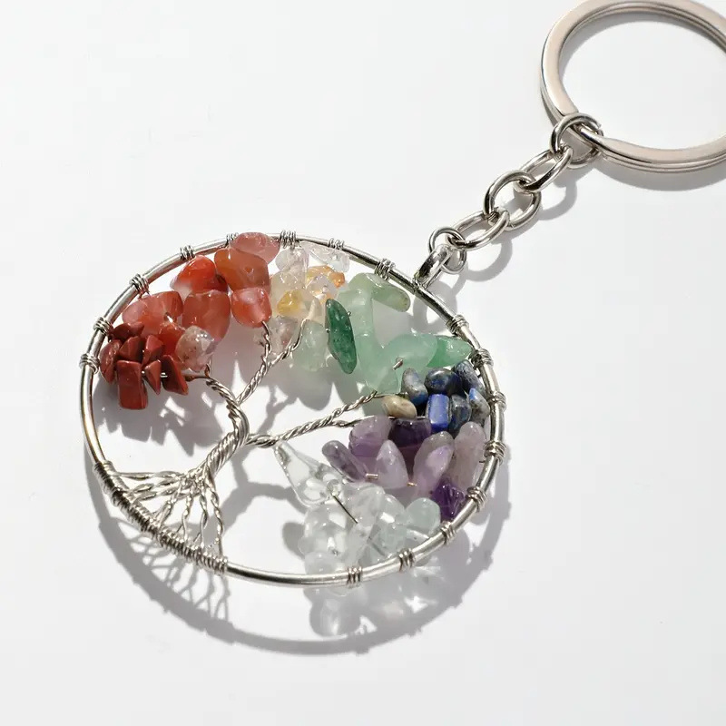 Natural Crystal Gravel Tree of Life Keychain Colorful Stone Pendant Money Tree Keychain Pendant Wholesale