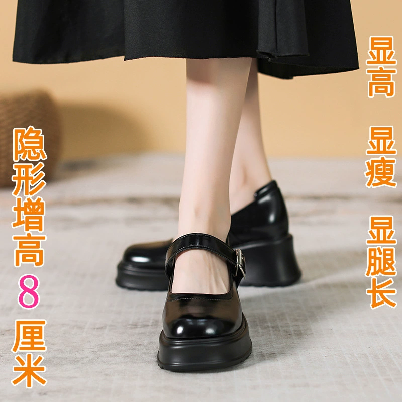 Женские туфли Мэри Джейн, новинка 2025, маленькие размеры на плоской подошве, японский стиль, толстая подошва, черные туфли на высоком каблуке с внутренней высокой подошвой