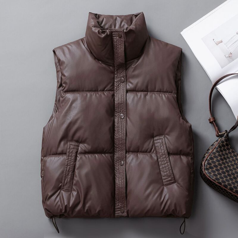 Down Cotton Pu No-Wash Vest for Women 2024 Autumn and Winter New Fashion Stand Collar Warm Loose Cotton Vest