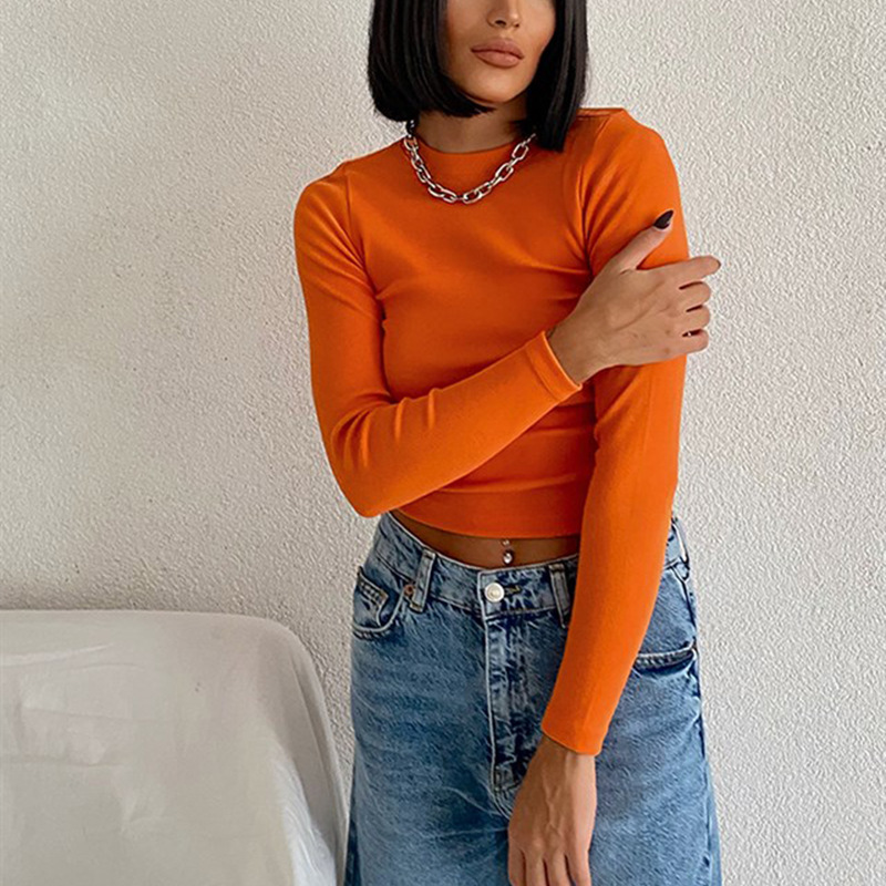Women's Ribbed Long Sleeve T-shirt Round Neck Solid Colour Top_voghion.com