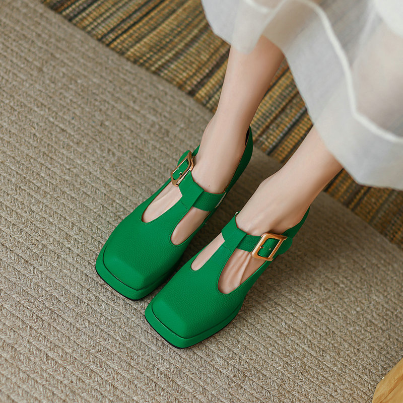 LAZADA法式玛丽珍高跟鞋女春秋新款百搭丁字扣复古防水台外贸工厂