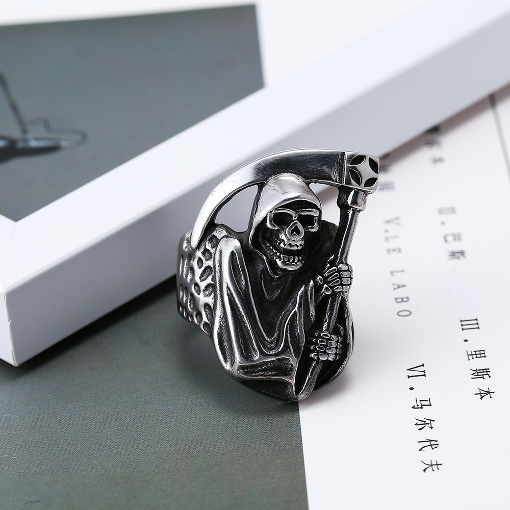 Cross-border Hot Retro Dark Hip-hop Ring Death Scythe Skull Men's Ring Punk Fashion Cool Jewelry