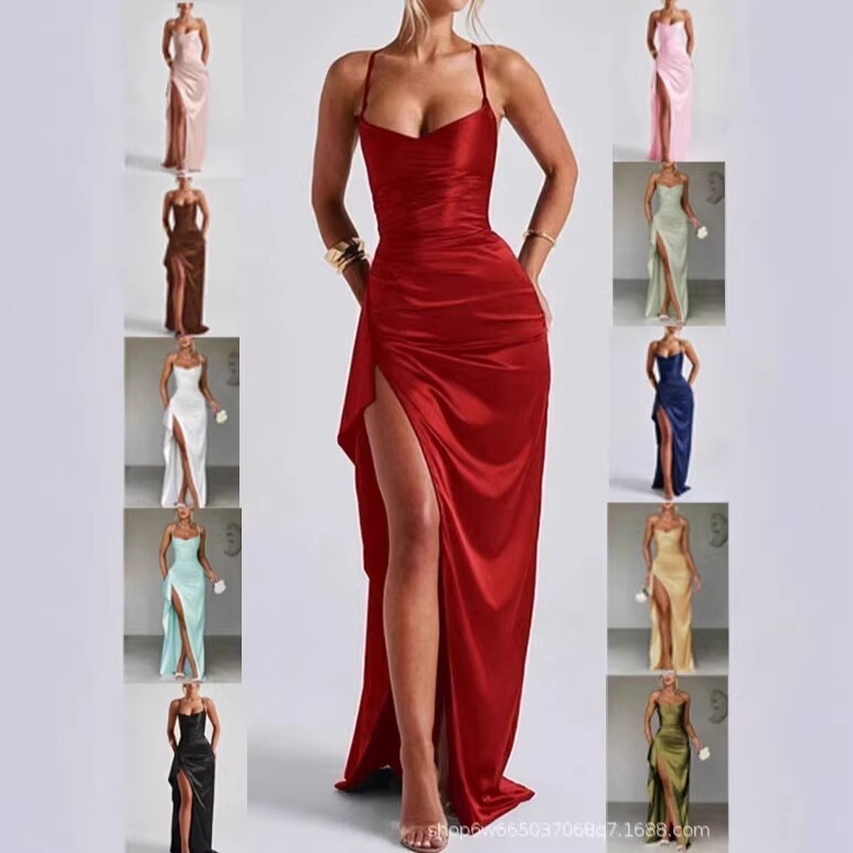 Amazon 2026 European and American Summer New Elegant and Fashionable Solid Color Long Dress with Shoulder Straps and Slit for Women