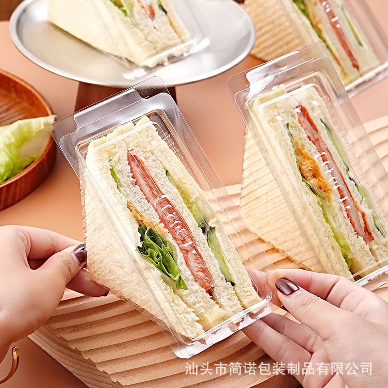 Caja de embalaje de sándwich PET unida caja triangular transparente caja de embalaje desechable transparente comercial con enchufe de embalaje