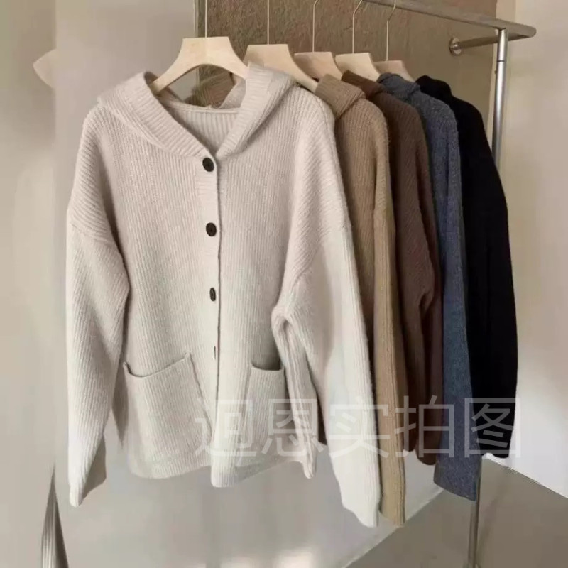 复古连帽中长款毛衣外套女秋冬款宽松软糯慵懒风加厚口袋针织开衫|undefined