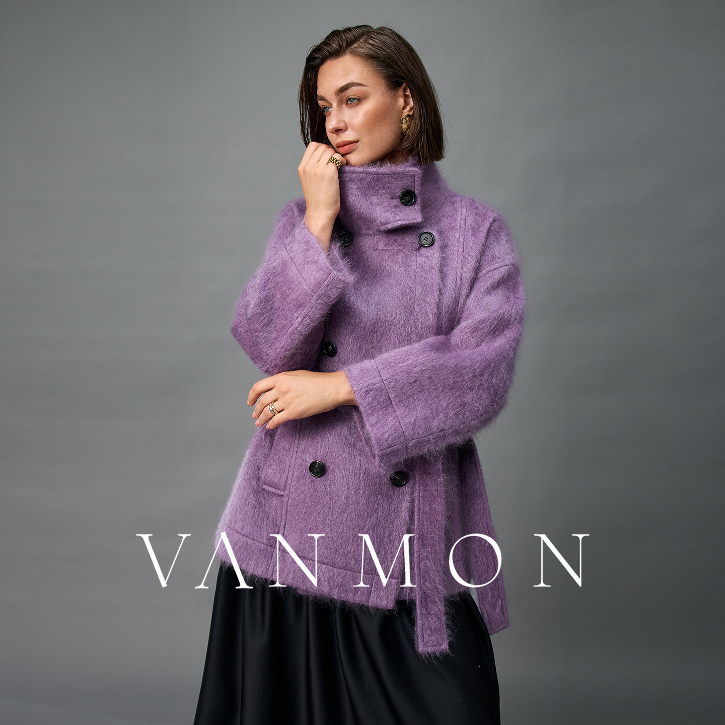 2025 Autumn and Winter Lined 100% Pure Cashmere Brushed Outwear Women's Loose Cocoon-Shaped Stand-Up Collar Mid-Length Outwear
