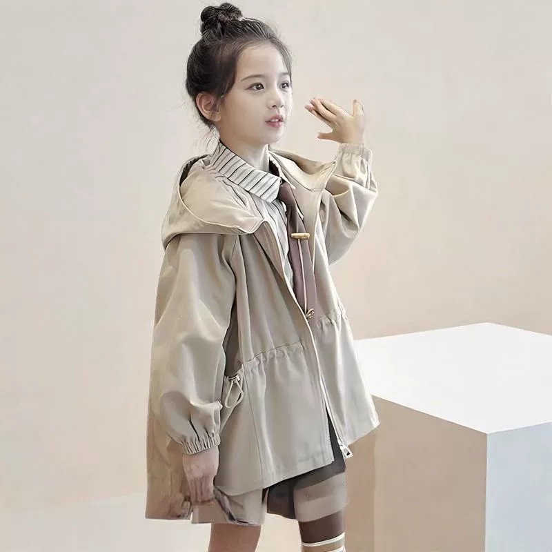 Детское trench coat, хаки куртка с капюшоном, средней длины