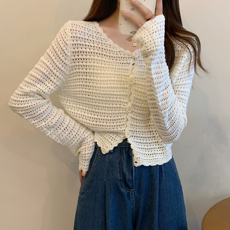 2024 Summer New Arrival Hollow-Out Knitted Cardigan Women's Long-Sleeved Outer-Woven Mesh Small Blouse Coat Short Top 2024 Summer New Arrival Hollow-Out Knitted Cardigan Women's Long-Sleeved Outer-Woven Mesh Small Blouse Coat Short Top