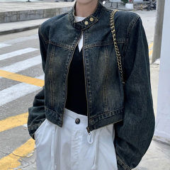美式复古做旧立领牛仔外套女春秋季高级感宽松小个子短款夹克上衣