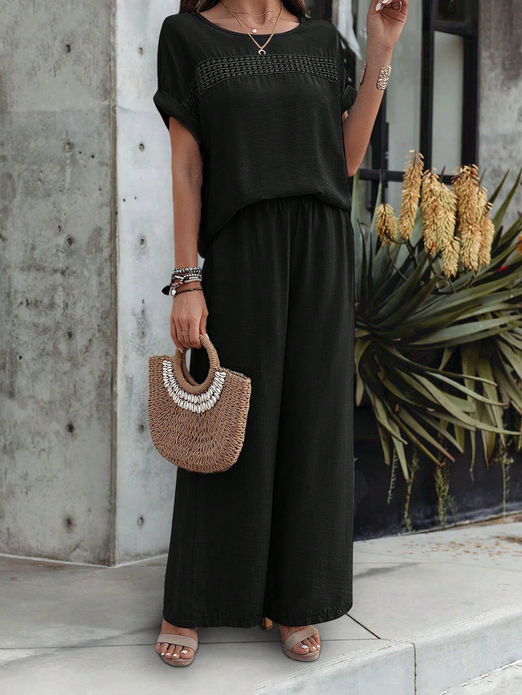 455g Weight Half Sleeve, Half Sleeve Sleeve Length Spandex, Polyester Fabric Type Low Waist Waist Line Short Top Length Pant Co-ord Set, Pant Co-ord Set Sets Type 2 Pieces Set Quantity Casual, Daily Occasion Round Neck, Round Neck Neckline Loose, Loose Fit Type Stripe, Solid Color Pattern Summer, Spring, Autumn Season Women's Gender Hollow Out Design Streetwear, Streetwear Style Apricot Color KaiKuO Women's Fashion Independent Station 2024 Spring Summer Export Casual Fashion Solid Color Short Sleeve Long Pants Hollow Out Set 34