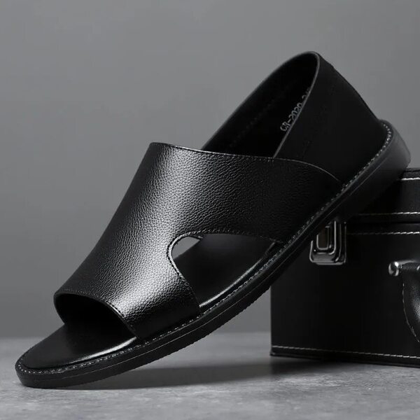 Dép sandal nam da bò thật đế mềm chống trượt kiểu Birkenstock — màu đen