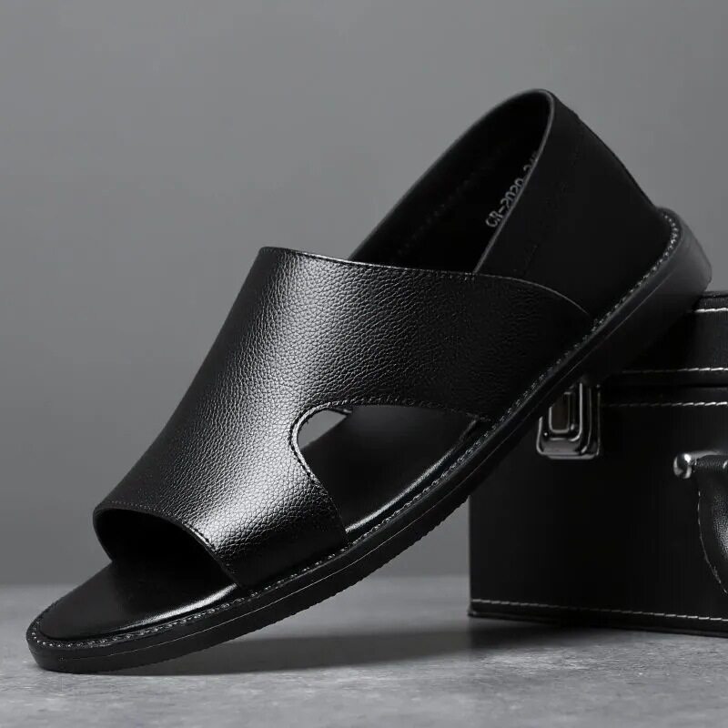 Dép sandal nam da bò thật đế mềm chống trượt kiểu Birkenstock — màu đen