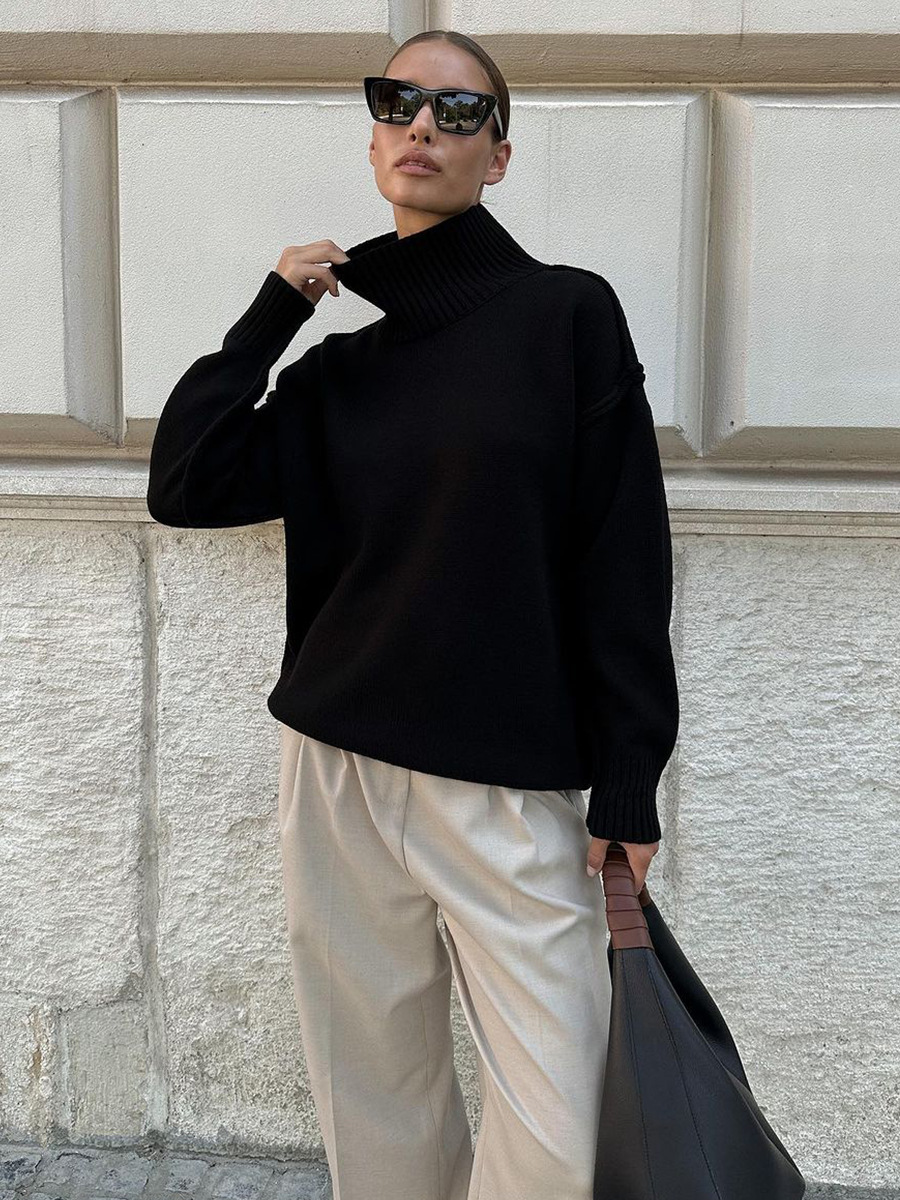 Suéter de cuello alto con costuras transfronterizas para mujer, otoño e invierno europeo y americano nuevo estilo casual suelto perezoso suéter grueso suéter de punto