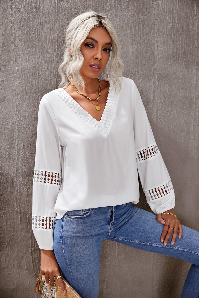 Solid Color Long-Sleeved Loose V-Neck Hollow Top NSQSY87007