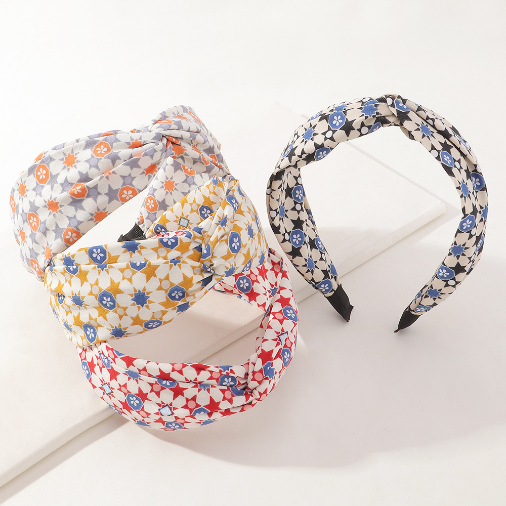 Korean Style Floral Printed Fabric Cross-knotted Headband Wholesale Nihaojewelry display picture 3