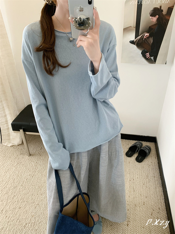 020 秋季新款慵懒风松弛感纯色上衣毛圈棉长袖打底衫女士纯色T恤|undefined